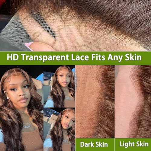 Chocolate Brown Body Wave Lace Front Wigs Human Hair 13x4 Transparent Glueless Lace Wigs Human Hair Pre Plucked with Natural Hairline 180% Density Colored Body Wave Lace Frontal Wig - Image 4