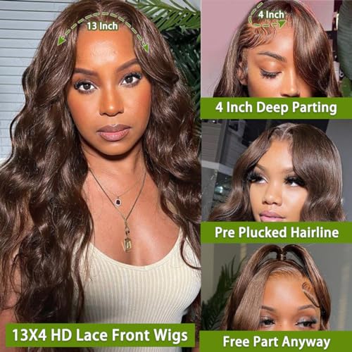 Chocolate Brown Body Wave Lace Front Wigs Human Hair 13x4 Transparent Glueless Lace Wigs Human Hair Pre Plucked with Natural Hairline 180% Density Colored Body Wave Lace Frontal Wig - Image 2