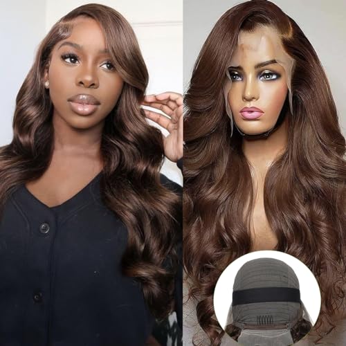 Chocolate Brown Body Wave Lace Front Wigs Human Hair 13x4 Transparent Glueless Lace Wigs Human Hair Pre Plucked with Natural Hairline 180% Density Colored Body Wave Lace Frontal Wig