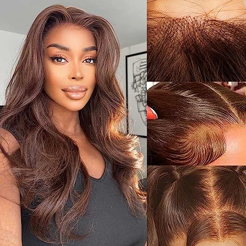 Chocolate Brown Lace Front Wig Human Hair Wigs for Black Women 180% Density Glueless 13x4 Body Wave Brazilian Brown Lace Frontal Wigs Pre Plucked with Baby Hair 18 Inch