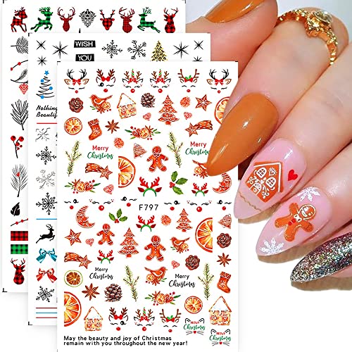 Christmas Elk Nail Sticker Winter Nail Art Decals Xmas 3D Self-Adhesive Nail Art Supplies with Snowflake Trees Bird Plaid Flowers Gingerbread Man Holiday Design Foils for Acrylic Nails Decorations