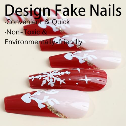 Christmas Extra Long Press on Nails Coffin Fake Nails with Designs Snowflake French Tips Acrylic Nails Full Cover Gold Shiny Red Stripe Glossy Artificial False Xmas Nails for Women 24Pcs - Image 2