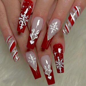 Christmas Extra Long Press on Nails Coffin Fake Nails with Designs Snowflake French Tips Acrylic Nails Full Cover Gold Shiny Red Stripe Glossy Artificial False Xmas Nails for Women 24Pcs
