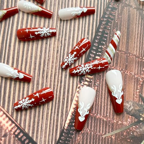 Christmas Extra Long Press on Nails Coffin Fake Nails with Designs Snowflake French Tips Acrylic Nails Full Cover Gold Shiny Red Stripe Glossy Artificial False Xmas Nails for Women 24Pcs - Image 4