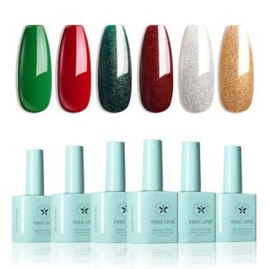 Christmas Gel Nail Polish Kit with UV Light 6 Colors Red Geen Glitter Gold Silver Gel Polish Set All Seasons Soak Off Art Manicure DIY Home Gift for Woman