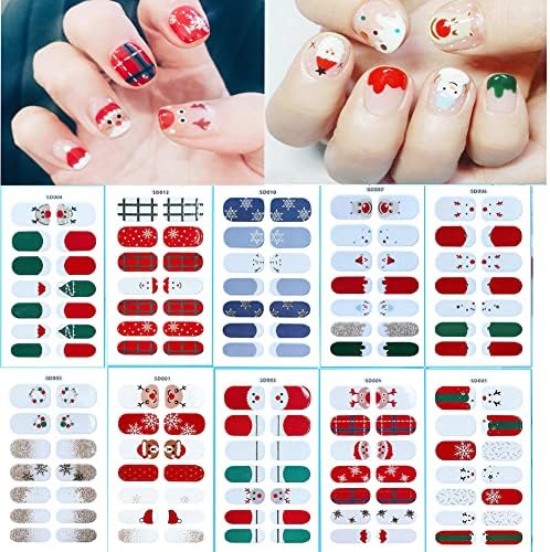 Christmas Glitter Nail Strips, Luxury Snowflake Solid Color Nail Wraps Stickers Self-Adhesive Elk Bear Color Nail Decals Kit with Nail File As Gifts for Women Mothers Manicure Tips 10 Sheets