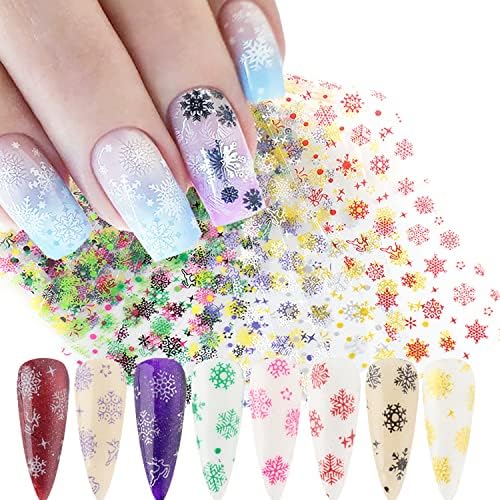 Christmas Holographic Nail Foil Transfer Stickers Decals, Winter Nail Polish Sheets Sky Starry Paper Transfer Foils Snowflake Nails Supplies for Nail Transfer Glue Women Manicure Nail Film Decorations