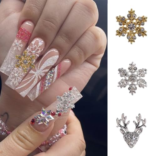 Christmas Nail Art Charms- 12Pcs Gold Silver Elk Snowflake Nail Charms D Alloy Shiny Designs Snow Elk Nail Gems with Rhinestones Winter Christmas Charms for Acrylic Nails Women DIY Manicure Supplies - Image 3