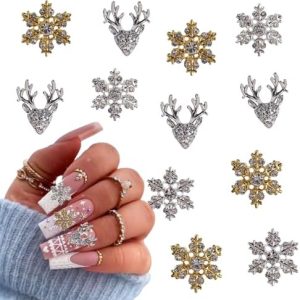 Christmas Nail Art Charms- 12Pcs Gold Silver Elk Snowflake Nail Charms D Alloy Shiny Designs Snow Elk Nail Gems with Rhinestones Winter Christmas Charms for Acrylic Nails Women DIY Manicure Supplies