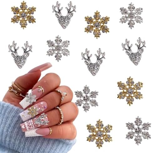 Christmas Nail Art Charms- 12Pcs Gold Silver Elk Snowflake Nail Charms D Alloy Shiny Designs Snow Elk Nail Gems with Rhinestones Winter Christmas Charms for Acrylic Nails Women DIY Manicure Supplies