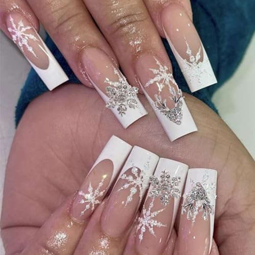 Christmas Nail Art Charms- 12Pcs Gold Silver Elk Snowflake Nail Charms D Alloy Shiny Designs Snow Elk Nail Gems with Rhinestones Winter Christmas Charms for Acrylic Nails Women DIY Manicure Supplies - Image 2