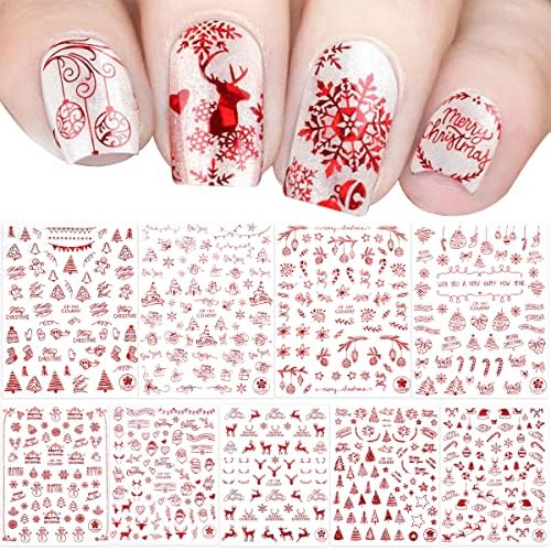 Christmas Nail Art Stickers Decals White Snowflake Self-Adhesive Nail Decals 3D Xmas Nail Art Stickers Winter Santa Claus Deer Snowman Nail Designs Sticker for Christmas Decoration 9 Sheets(Red)