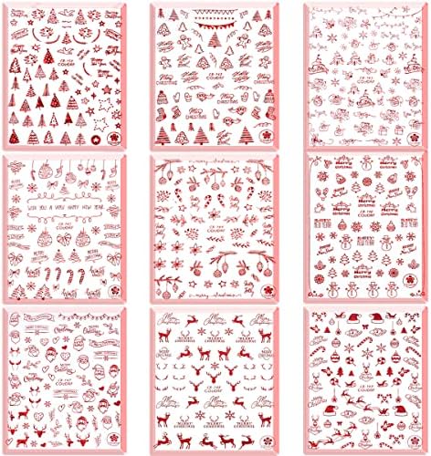 Christmas Nail Art Stickers Decals White Snowflake Self-Adhesive Nail Decals 3D Xmas Nail Art Stickers Winter Santa Claus Deer Snowman Nail Designs Sticker for Christmas Decoration 9 Sheets(Red) - Image 2