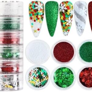 Christmas Nail Glitters Christmas Tree Snowflakes Nail Sequins Red Green Mixed Xmas Designs Powder Hexagon Chunky Glitter Flakes Nail Art Glitter Christmas Nail Accessories for DIY Nail Craft