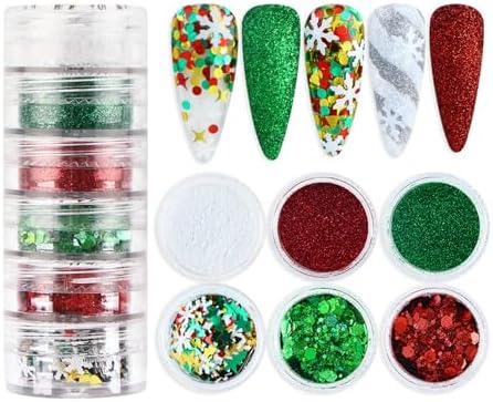 Christmas Nail Glitters Christmas Tree Snowflakes Nail Sequins Red Green Mixed Xmas Designs Powder Hexagon Chunky Glitter Flakes Nail Art Glitter Christmas Nail Accessories for DIY Nail Craft