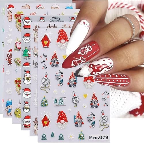 Christmas Nail Stickers 3D Santa Claus Nail Decals for Nail Art Self Adhesive Xmas Snowman Deer Nail Art Stickers Designs Winter Nail Art Accessories for Acrylic Xmas Nail Decor Women DIY 6 Sheets