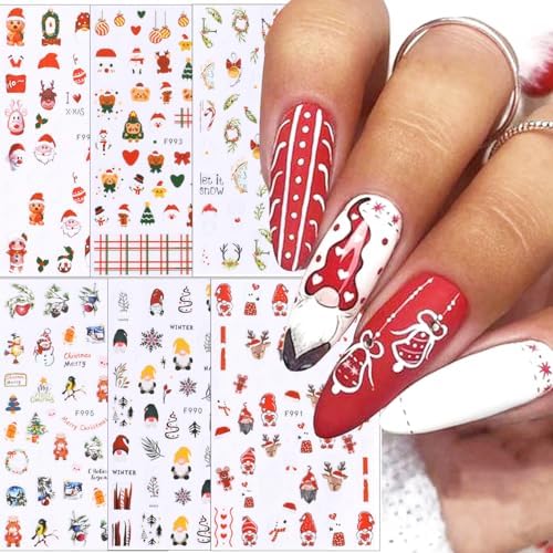 Christmas Nail Stickers Santa Claus 3D Nails Art Stickers Nail Decals White Snow Star Glitter Christmas Tree Self Adhesive for Acrylic Nail Art 3D Cute Xmas Nail Decor Women and Girl 6PCS
