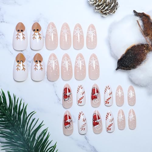 Christmas Nails Almond Press on Nails Christmas Fake Nails Nude Pink Acrylic Full Covers with Elk Red Gloves Snowflake Design Glossy Glue on Nails Medium Holiday Artificial False Nails for Women 24PCS - Image 3