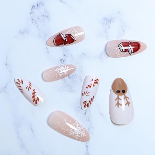 Christmas Nails Almond Press on Nails Christmas Fake Nails Nude Pink Acrylic Full Covers with Elk Red Gloves Snowflake Design Glossy Glue on Nails Medium Holiday Artificial False Nails for Women 24PCS - Image 2