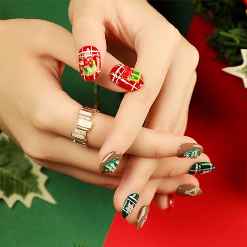 Christmas Oval Press on Nails Medium 24 Pcs Red Green Brown with Xmas Tree Charm - Image 2
