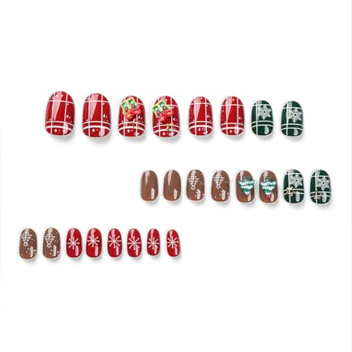 Christmas Oval Press on Nails Medium 24 Pcs Red Green Brown with Xmas Tree Charm - Image 3