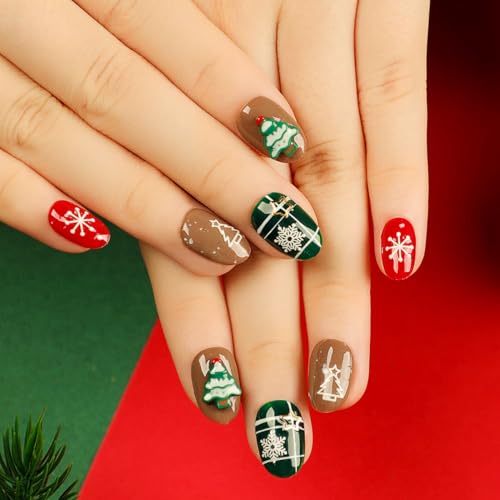 Christmas Oval Press on Nails Medium 24 Pcs Red Green Brown with Xmas Tree Charm