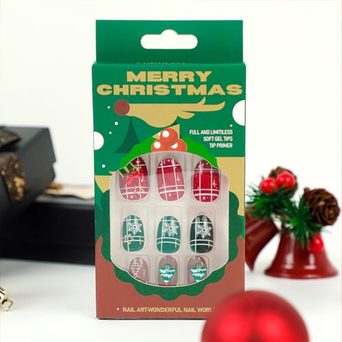 Christmas Oval Press on Nails Medium 24 Pcs Red Green Brown with Xmas Tree Charm - Image 5