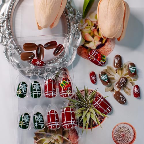 Christmas Oval Press on Nails Medium 24 Pcs Red Green Brown with Xmas Tree Charm - Image 4