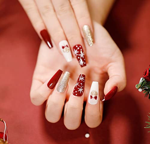 Christmas Press on Nail Red Coffin Fake Nails Snowflakes Acrylic Full Cover False Nail for Women and Girls(24Pcs) (B) - Image 5