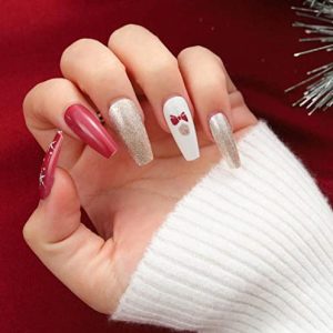 Christmas Press on Nail Red Coffin Fake Nails Snowflakes Acrylic Full Cover False Nail for Women and Girls(24Pcs) (B)
