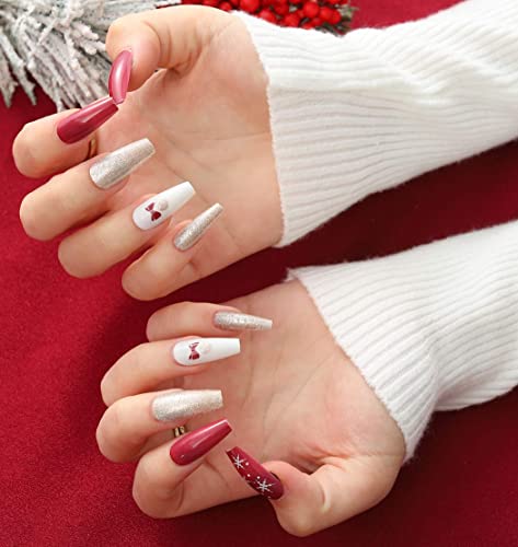 Christmas Press on Nail Red Coffin Fake Nails Snowflakes Acrylic Full Cover False Nail for Women and Girls(24Pcs) (B) - Image 3