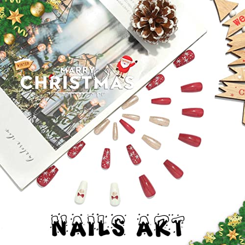 Christmas Press on Nail Red Coffin Fake Nails Snowflakes Acrylic Full Cover False Nail for Women and Girls(24Pcs) (B) - Image 2