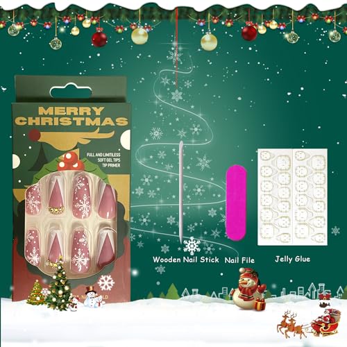 Christmas Press on Nails Coffin Medium Fake Nails White French Tip False Nails With Rhinestones Snowflake Designs Acrylic Stick on Nails Full Cover Artificial Nails for Women Winter Xmas 24Pcs - Image 5