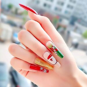 24 Pcs Long Coffin Red Gradient Christmas Press On Nails with Snowflake Designs