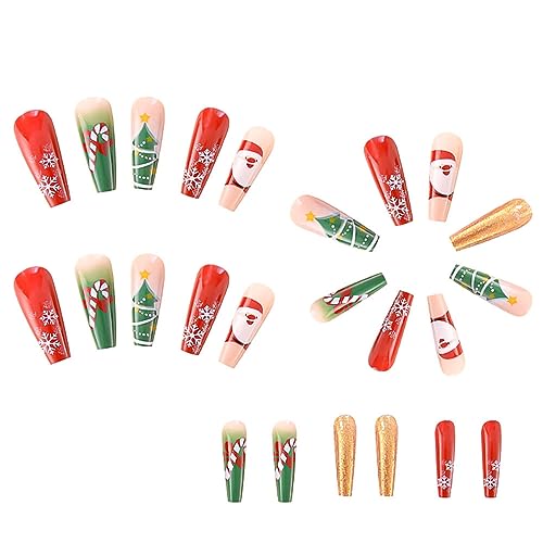 24 Pcs Long Coffin Red Gradient Christmas Press On Nails with Snowflake Designs - Image 3