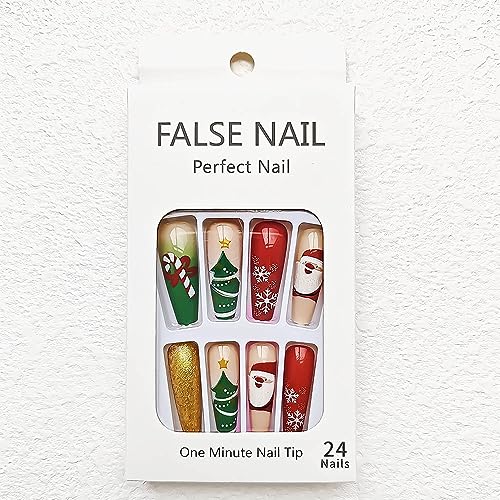 24 Pcs Long Coffin Red Gradient Christmas Press On Nails with Snowflake Designs - Image 5
