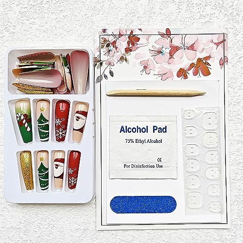 24 Pcs Long Coffin Red Gradient Christmas Press On Nails with Snowflake Designs - Image 6