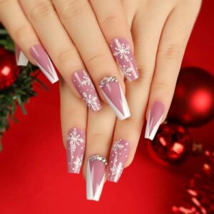 Christmas Press on Nails Medium Coffin Fake Nails Pink with White French Tips False Nails with Design Snowflake Pattern Rhinestone Stick on Nails Full Cover Glossy Acrylic Artificial Nails for Women