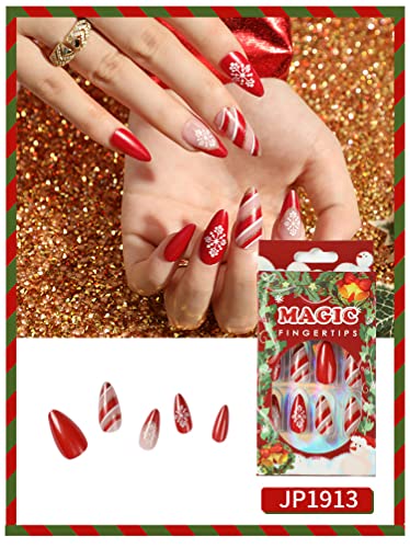 Christmas Press on Nails Medium Fake Nails Almond Glitters Strip Snowflake Pattern Red Nail Decorations Full Cover Acrylic Nail Tips Fingernails Cute New Years Party Stick on Nails for Women 24Pcs - Image 5