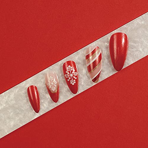 Christmas Press on Nails Medium Fake Nails Almond Glitters Strip Snowflake Pattern Red Nail Decorations Full Cover Acrylic Nail Tips Fingernails Cute New Years Party Stick on Nails for Women 24Pcs - Image 2