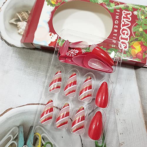 Christmas Press on Nails Medium Fake Nails Almond Glitters Strip Snowflake Pattern Red Nail Decorations Full Cover Acrylic Nail Tips Fingernails Cute New Years Party Stick on Nails for Women 24Pcs - Image 4