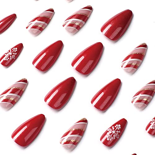 Christmas Press on Nails Medium Fake Nails Almond Glitters Strip Snowflake Pattern Red Nail Decorations Full Cover Acrylic Nail Tips Fingernails Cute New Years Party Stick on Nails for Women 24Pcs - Image 3