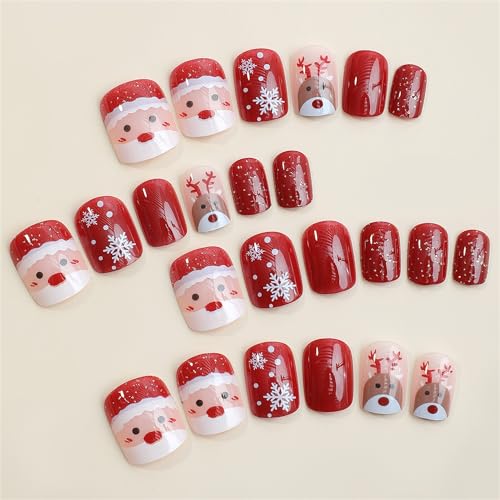 Christmas Press on Nails, Short Christmas Fake Nails with Snowflake Design, Glitter Sequins, Acrylic Nails with Glue on Nails Glossy Acrylic Nails False Nails for Women 24 pcs - Image 3