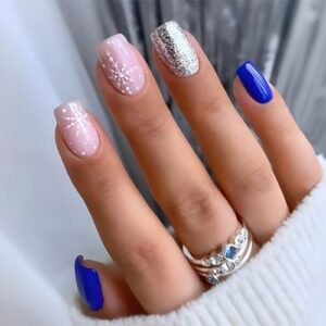 Christmas Press on Nails Short False Nails Pink Blue Full Cover Square Acrylic Nails with White Snowflake Designs Winter Christmas Glue on Nails Xmas Party Nail Decorations for Women 24Pcs
