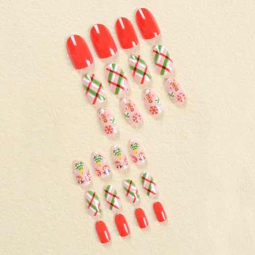 Christmas Press on Nails Short Oval Fake Nails Cute Elk Snowflake Full Cover Acrylic Nails False Nails with Designs Winter Xmas Nail Art Decorations for Women Girls Manicure Tips 24Pcs - Image 4