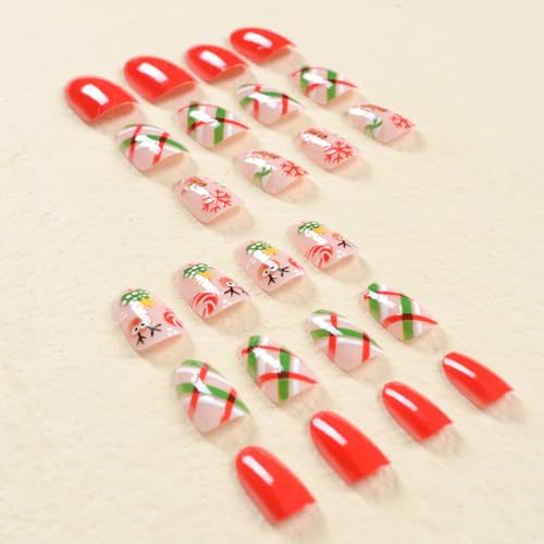 Christmas Press on Nails Short Oval Fake Nails Cute Elk Snowflake Full Cover Acrylic Nails False Nails with Designs Winter Xmas Nail Art Decorations for Women Girls Manicure Tips 24Pcs - Image 3
