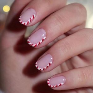 Christmas Candy Cane French Tip Short Square Press on Nails 24Pcs for Women