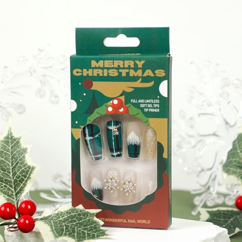 Christmas Press on Nails Square Medium 24Pcs Green Christmas Fake Nails Sets Glossy Full Cover Acrylic Xmas Winter False Nails with Gold Snowflake Gems Designs Holiday False Glue Fingernails - Image 6