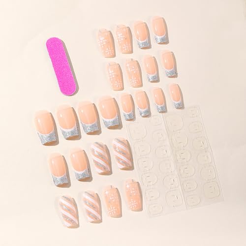Christmas Snowflake Medium Square Press on Nails 24 PCS Glossy Full Cover for Women - Image 4