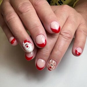 Christmas Red French Press on Nails Short Artificial Acrylic False Nails Cute Santa Claus Elk Design Oval Fake Nails Full Cover Glossy Coffin Nails Nature Fit Stick on Nails Glue on Nails for Women